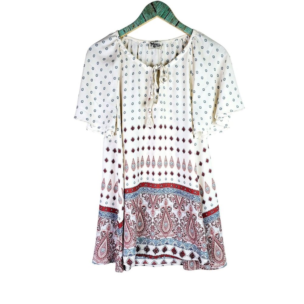 Show Me Your Mumu Women's Tunic Juana Keyhole Tassel Hippie Boho Tunic Top, Sm